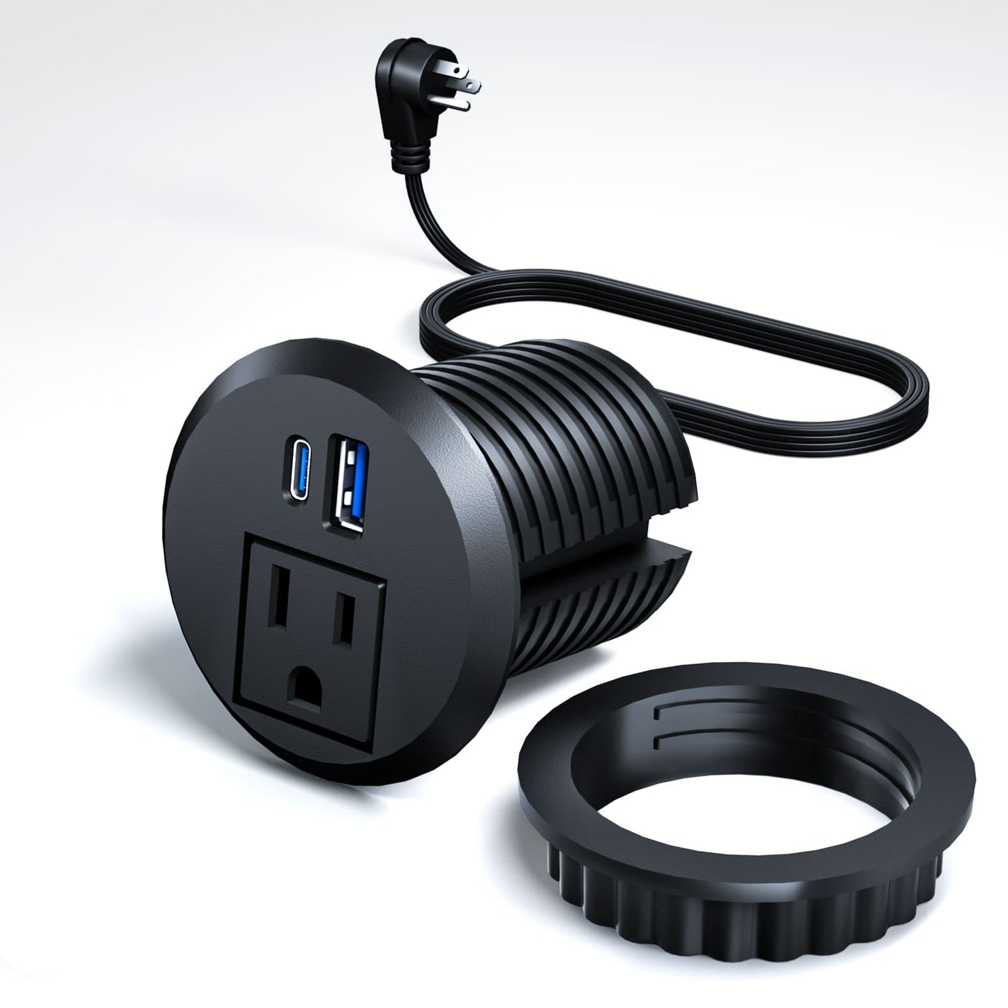 Black DOACE Recessed Power Grommet USB-C, 2 Inch with detachable ring and 6ft cord, designed for seamless desk or furniture installation.