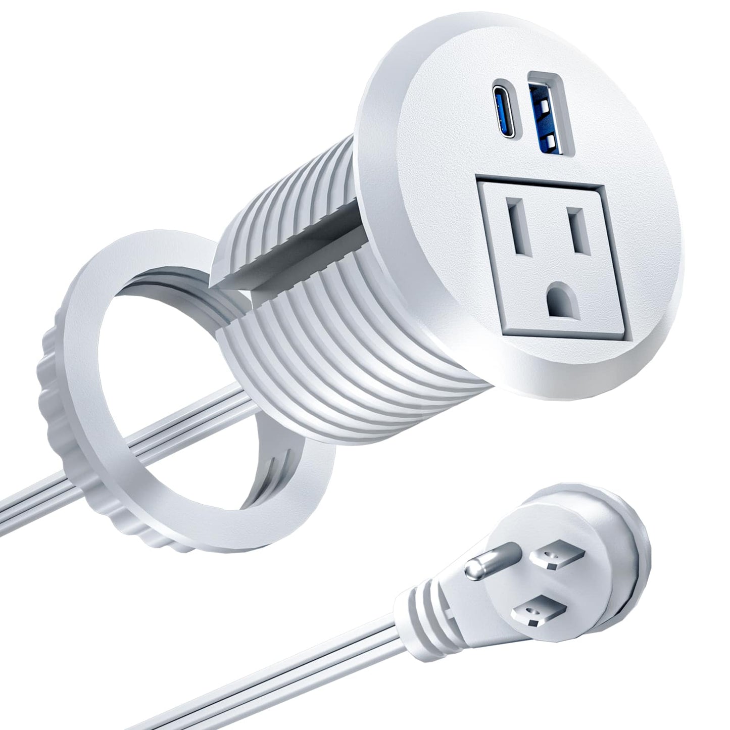 White DOACE Recessed Power Grommet USB-C, 2 Inch with 20W USB-C, USB-A, and AC outlet, perfect for clean desk setups and fast charging.