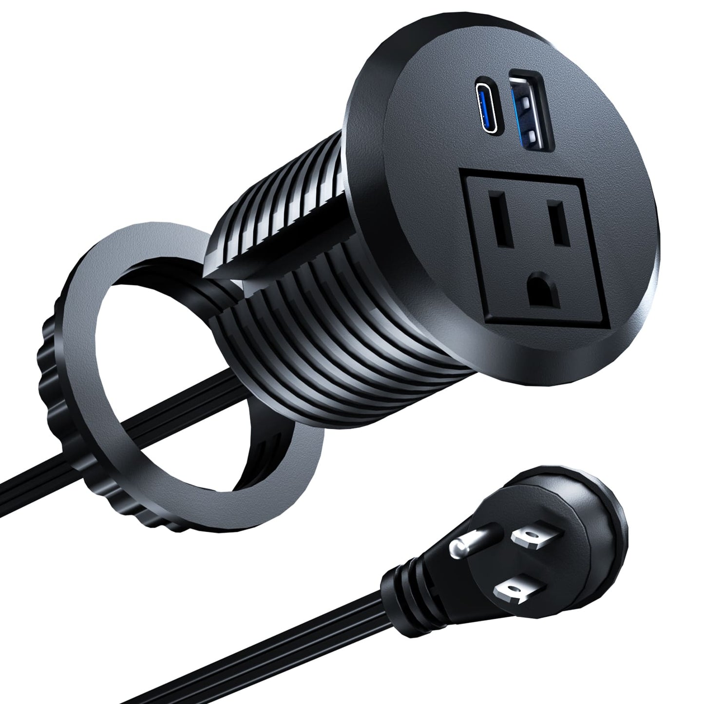 DOACE Recessed Power Grommet USB-C, 2 Inch in black with 20W USB-C, USB-A, and AC outlet, ideal for desks and furniture integration.