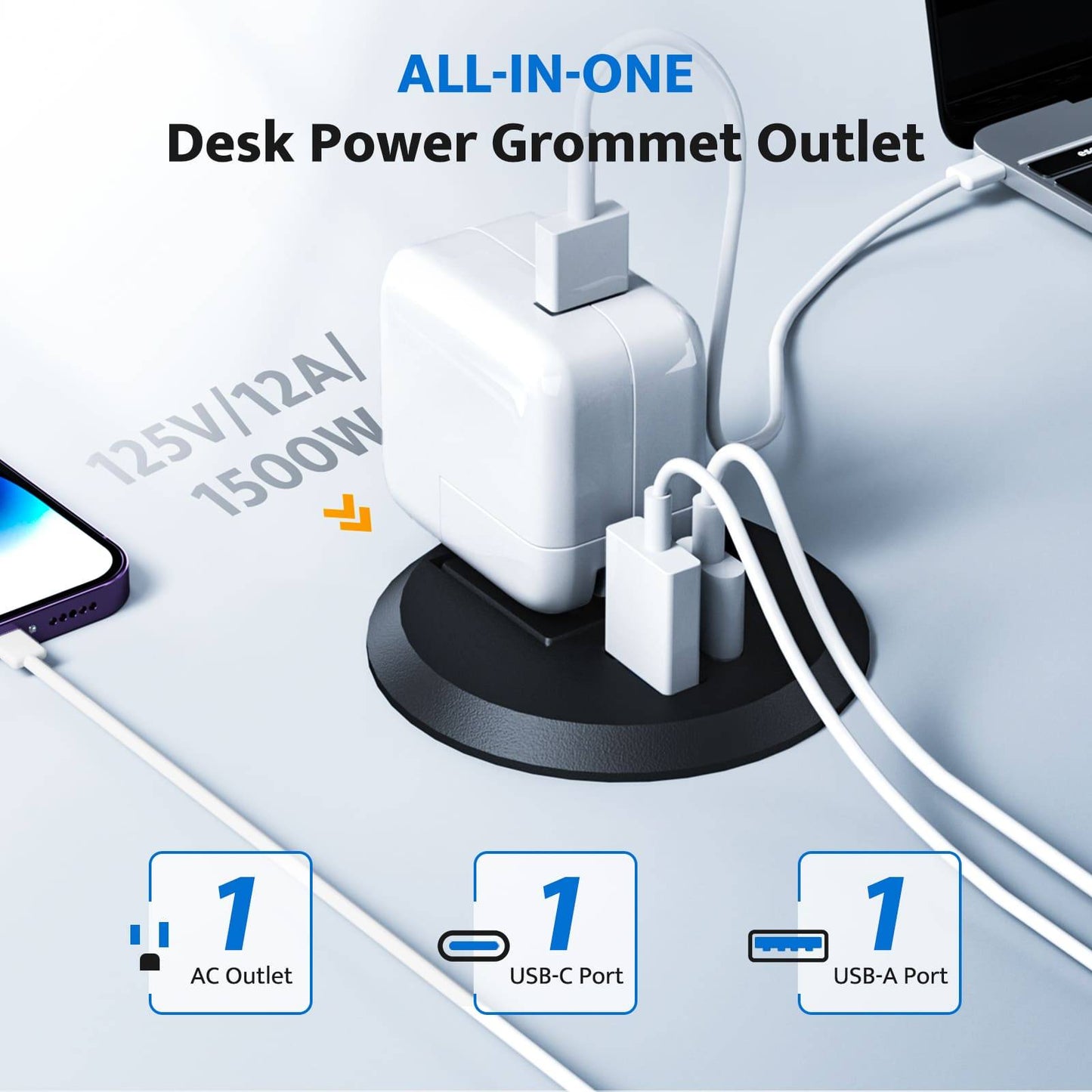 All-in-one DOACE Recessed Power Grommet USB-C, 2 Inch with AC outlet, USB-C, and USB-A ports powering multiple devices on a desk.
