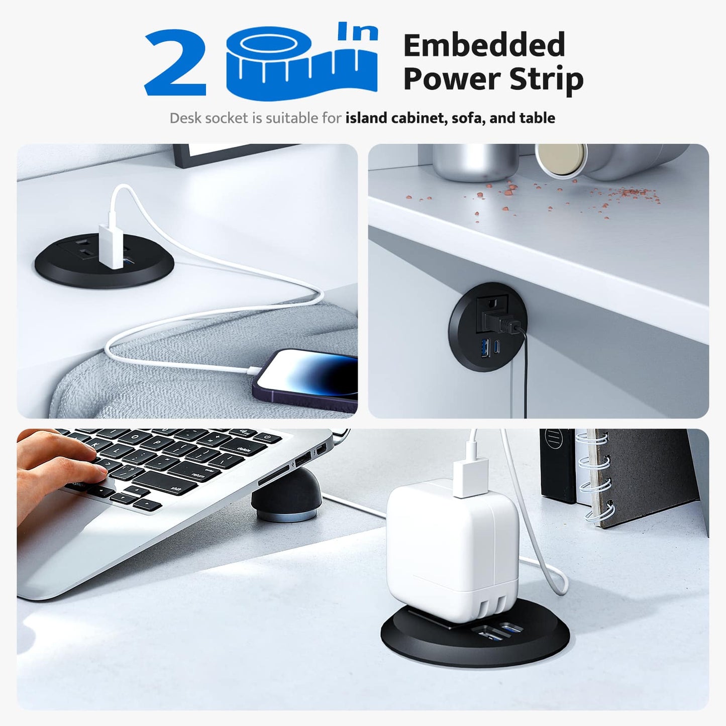 DOACE Recessed Power Grommet USB-C, 2 Inch embedded in desk, cabinet, and sofa for clutter-free charging with USB and AC outlets.