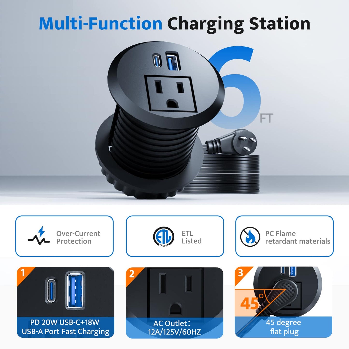 Multi-function DOACE Recessed Power Grommet USB-C, 2 Inch with ETL listing, surge protection, and 6ft cord for safe, efficient charging.