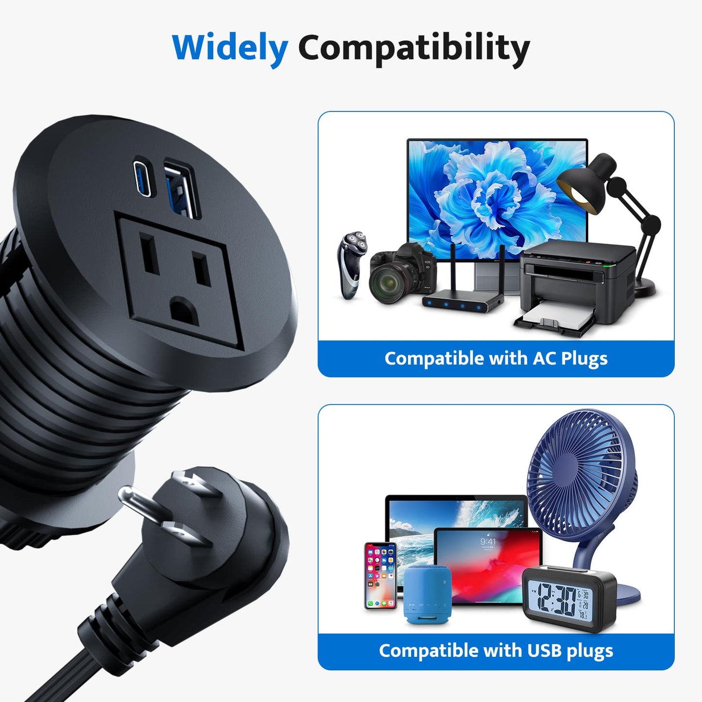 DOACE Recessed Power Grommet USB-C, 2 Inch supports AC and USB devices, compatible with monitors, fans, lamps, and more electronics.