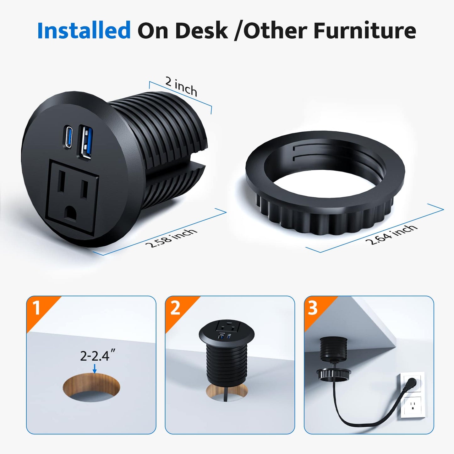 Installation guide for DOACE Recessed Power Grommet USB-C, 2 Inch showing desk cutout, insertion, and plug-in steps for easy setup.
