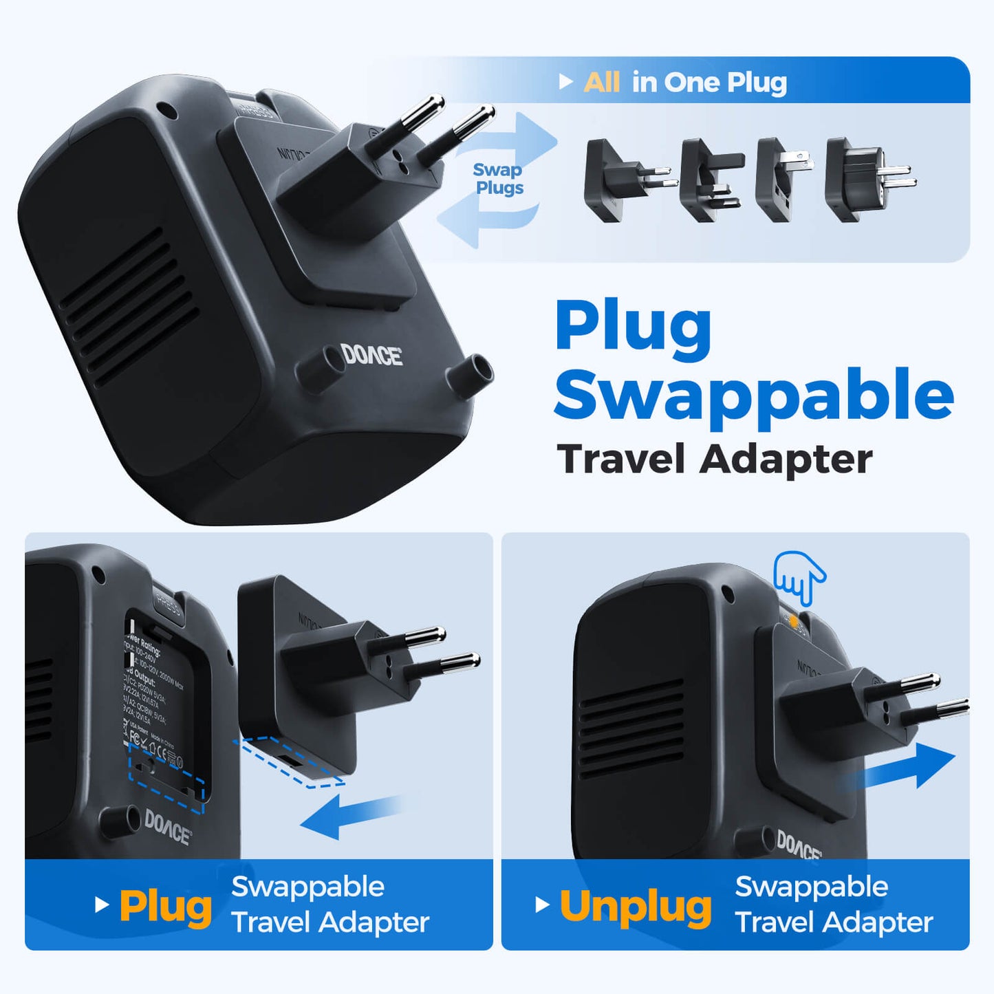 DOACE C15 2000W Voltage Converter with Worldwide Plug Adapters & Fast Charging Ports