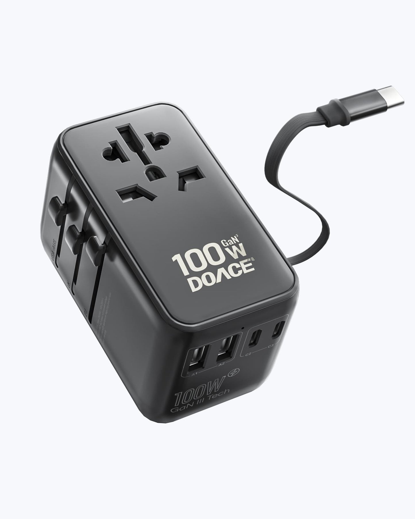 Black GaN 100W Travel Adapter with built-in USB-C cable and universal plug support for 150+ countries. Ideal for charging multiple devices abroad.