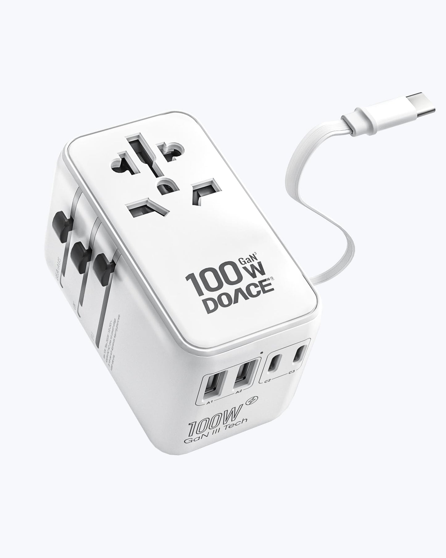 White DOACE GaN 100W Travel Adapter featuring retractable USB-C cable and global plug compatibility. Compact design for international charging needs.
