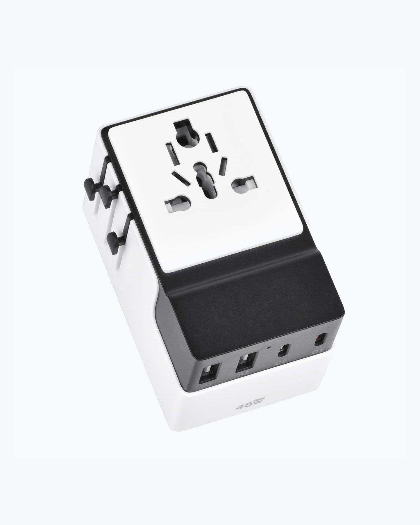 DOACE FC-T45 45W GaN PD travel adapter with 2 USB-C and 2 USB-A ports, universal socket and compact design for global charging needs.