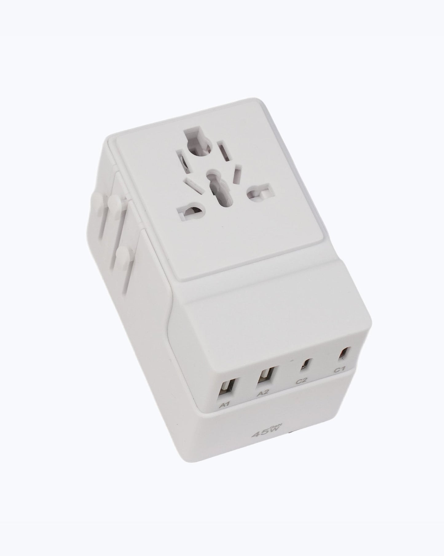 White DOACE FC-T45 world travel adapter featuring 2 USB-C, 2 USB-A ports and universal AC socket for international power compatibility.