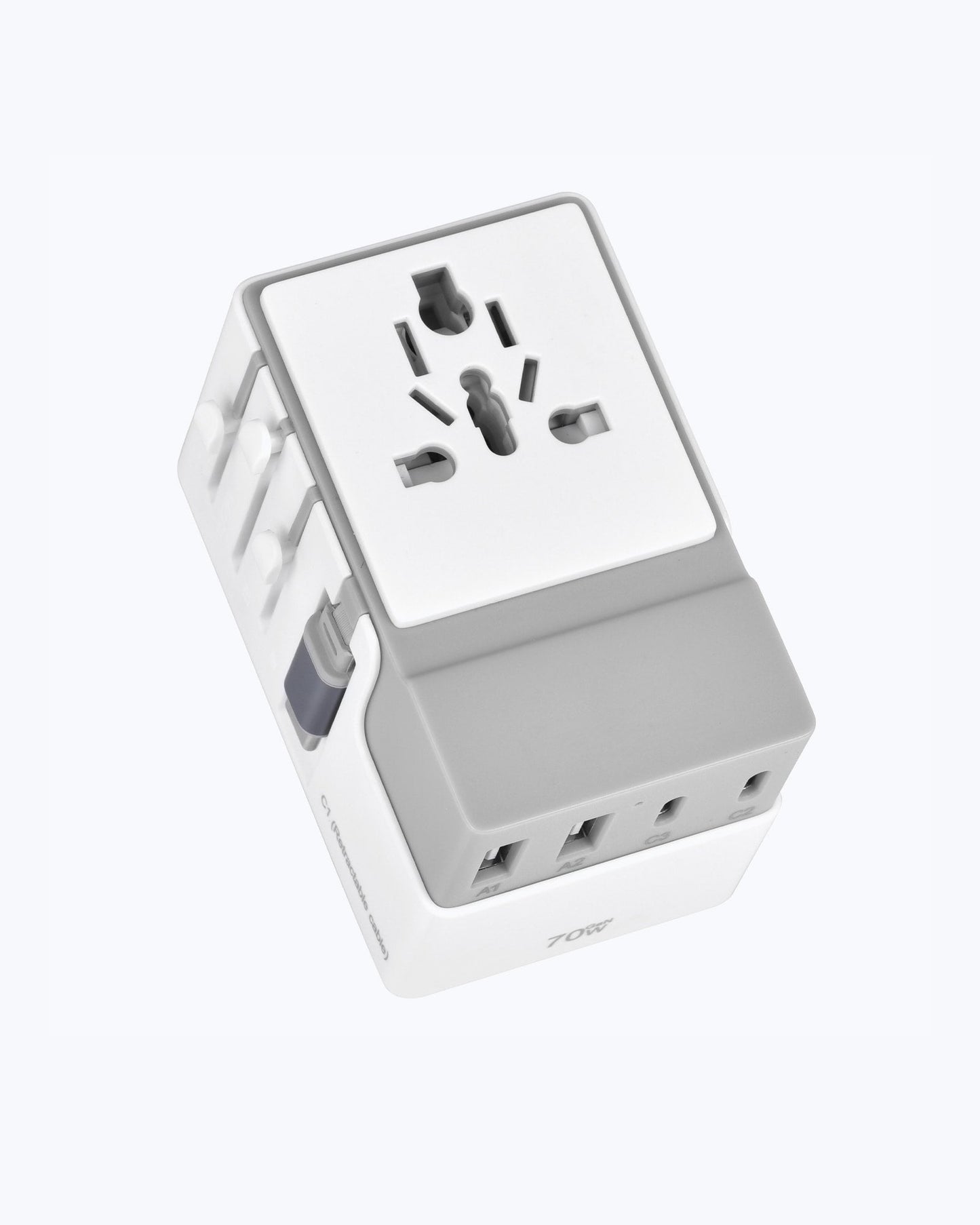 DOACE FC-T70C-2 Adapter in gray and white featuring universal plug compatibility and 70W GaN PD output. Compact design for international charging.