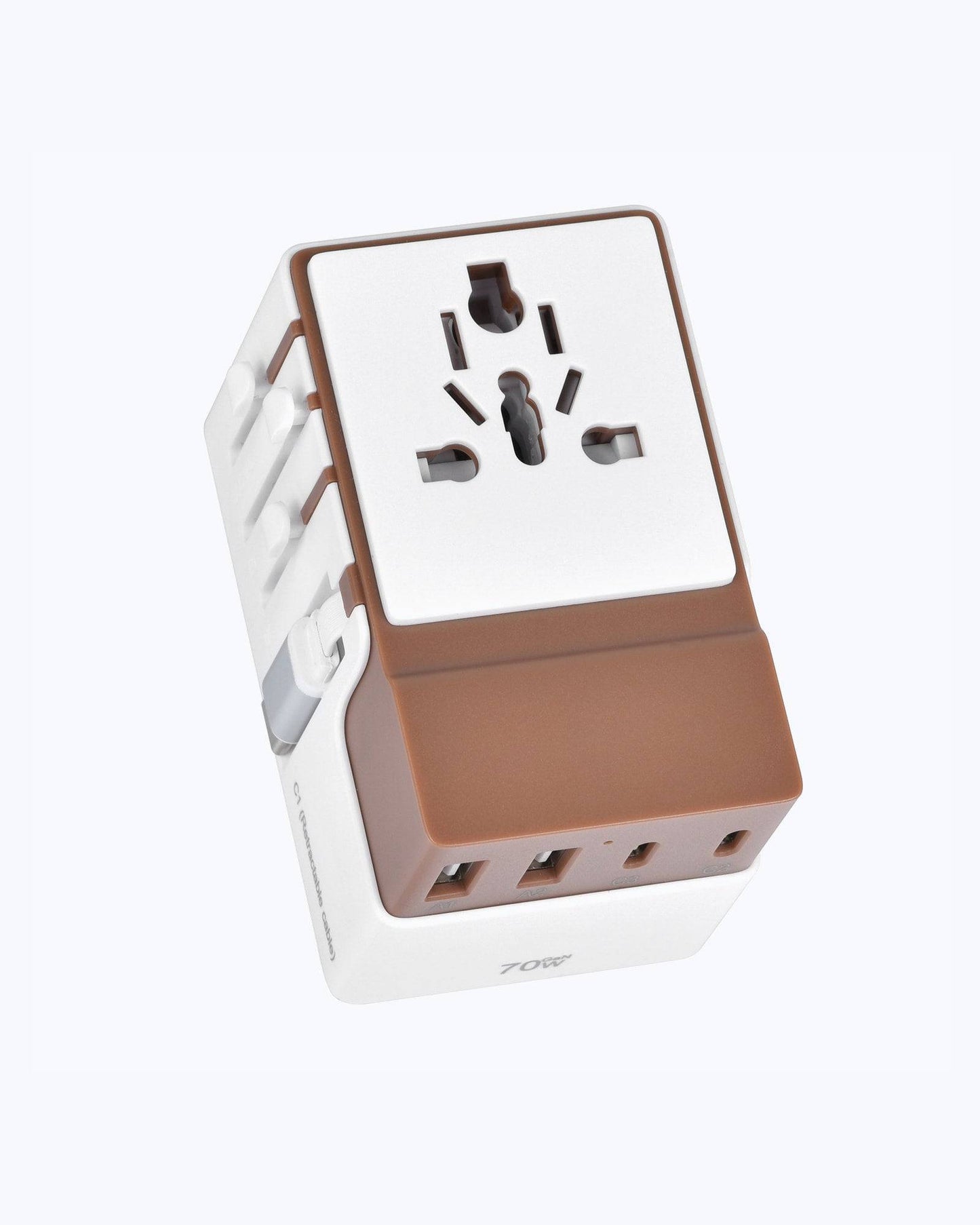 DOACE FC-T70C-2 Adapter in brown and white with universal socket and 3 USB-C + 2 USB-A ports for 70W GaN PD fast charging. Ideal for global travel.