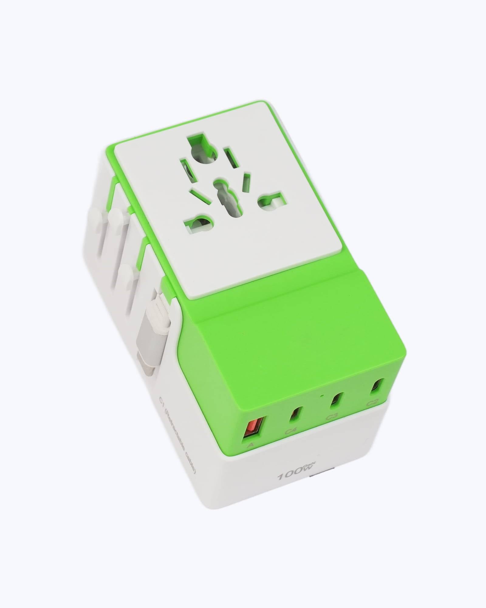 DOACE FC-T100C1 GaN travel adapter in green with universal AC socket and 4 USB-C + 1 USB-A ports for 100W PD fast charging.