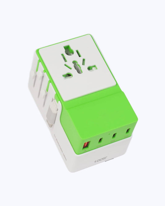 DOACE FC-T100C1 GaN travel adapter in green with universal AC socket and 4 USB-C + 1 USB-A ports for 100W PD fast charging.