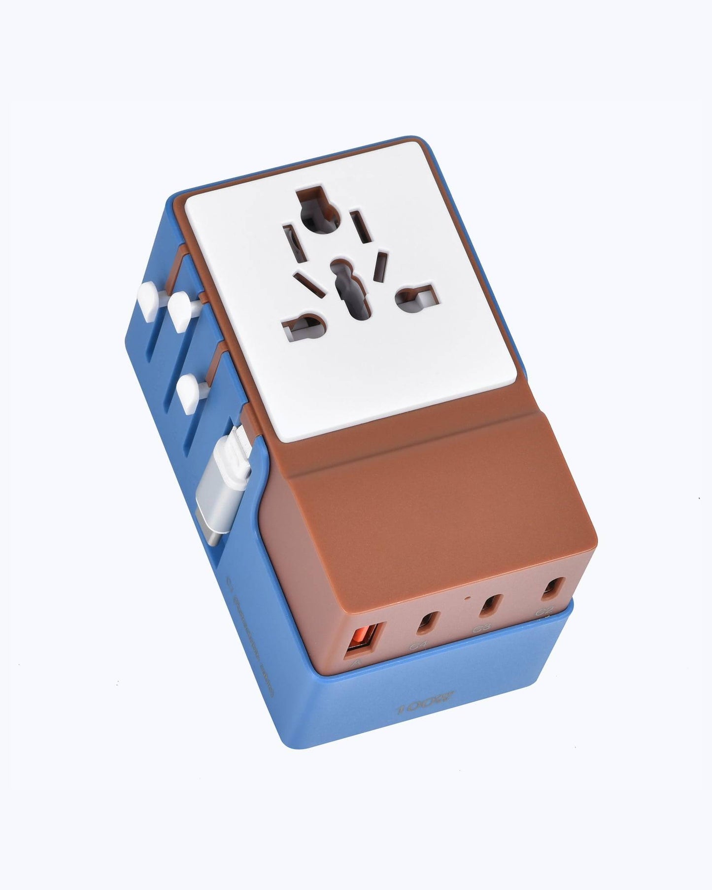Blue and brown DOACE FC-T100C1 GaN travel adapter with universal socket and 5-port USB charging for worldwide use.