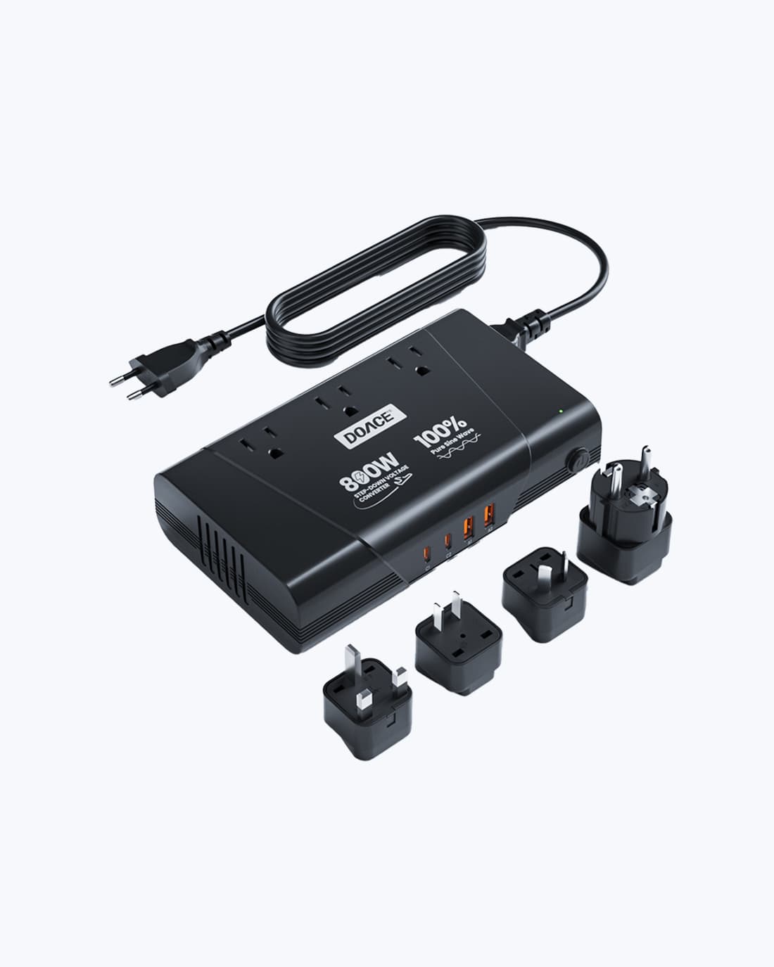 DOACE 800W Travel Voltage Converter & Adapter with 4 international plug types and 7 charging ports for global travel use.