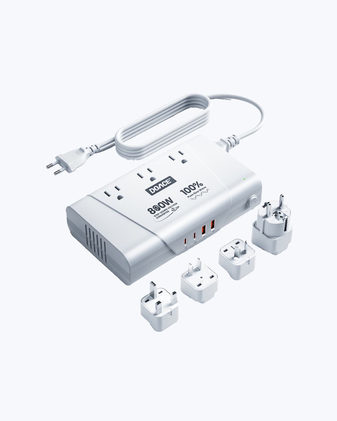 White DOACE 800W Travel Voltage Converter & Adapter with 4 international plug types and 7 charging ports for global electronics use.