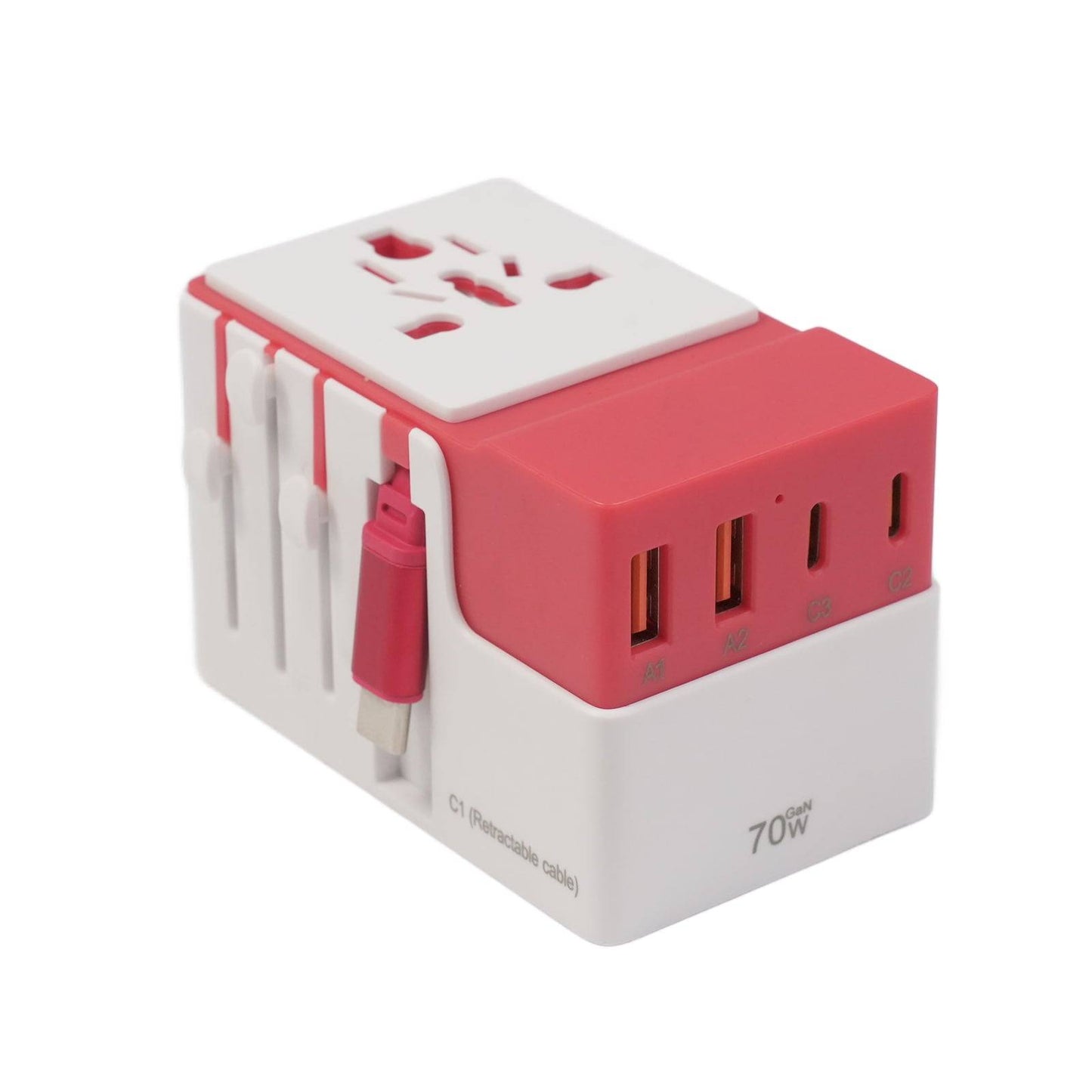 DOACE FC-T70C-1 | 3USB-C+2USB-A 70W GaN PD | QC3.0 Travel Adapter with Retractable USB-C Cable