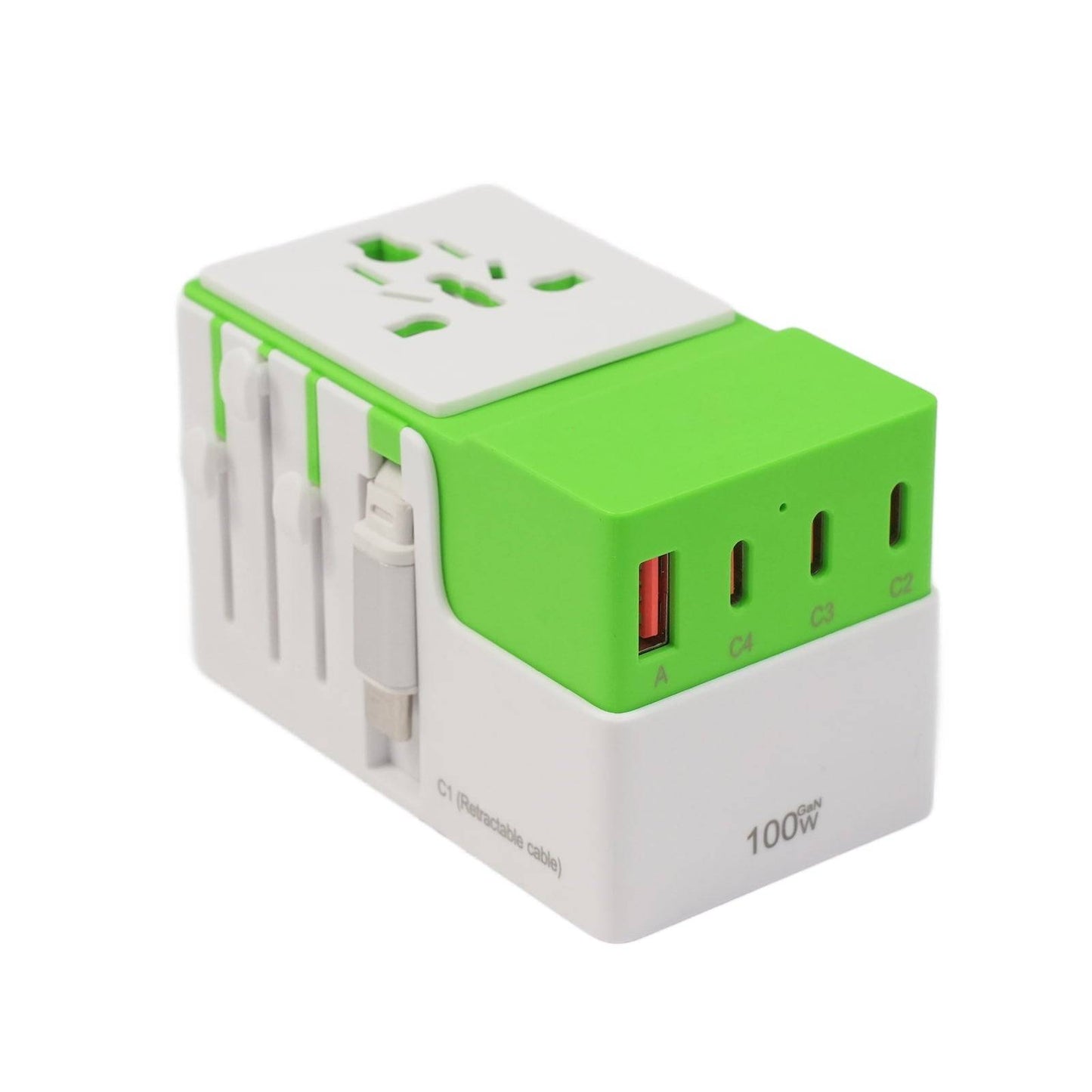 Green DOACE FC-T100C1 GaN travel adapter with 5 charging ports and 100W PD, designed for international power compatibility.