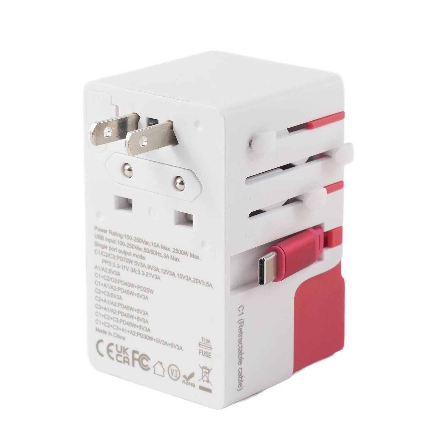 DOACE FC-T70C-1 | 3USB-C+2USB-A 70W GaN PD | QC3.0 Travel Adapter with Retractable USB-C Cable