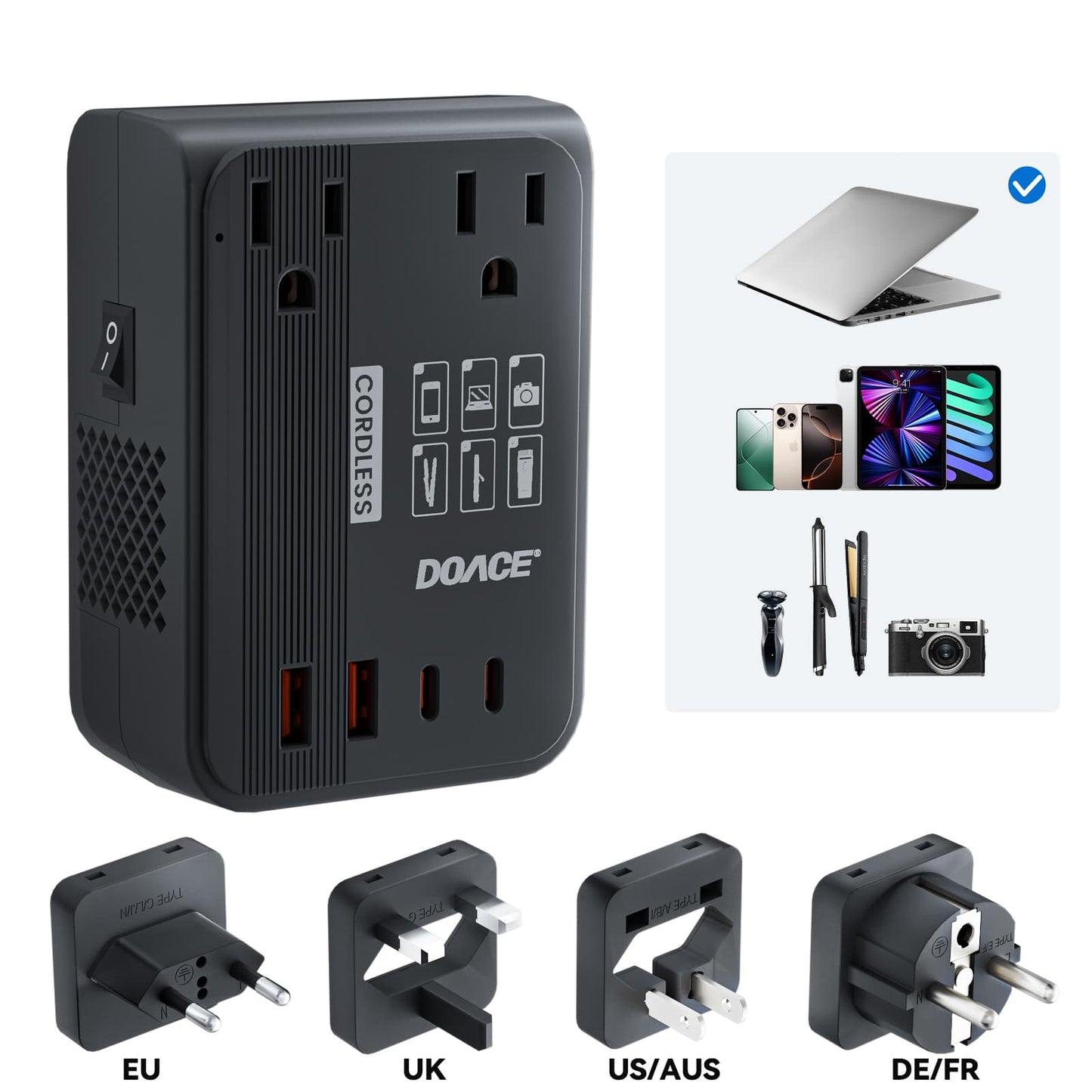 Black DOACE LC-C30 travel voltage converter with 4 international plug adapters, designed for charging laptops and mobile devices abroad.