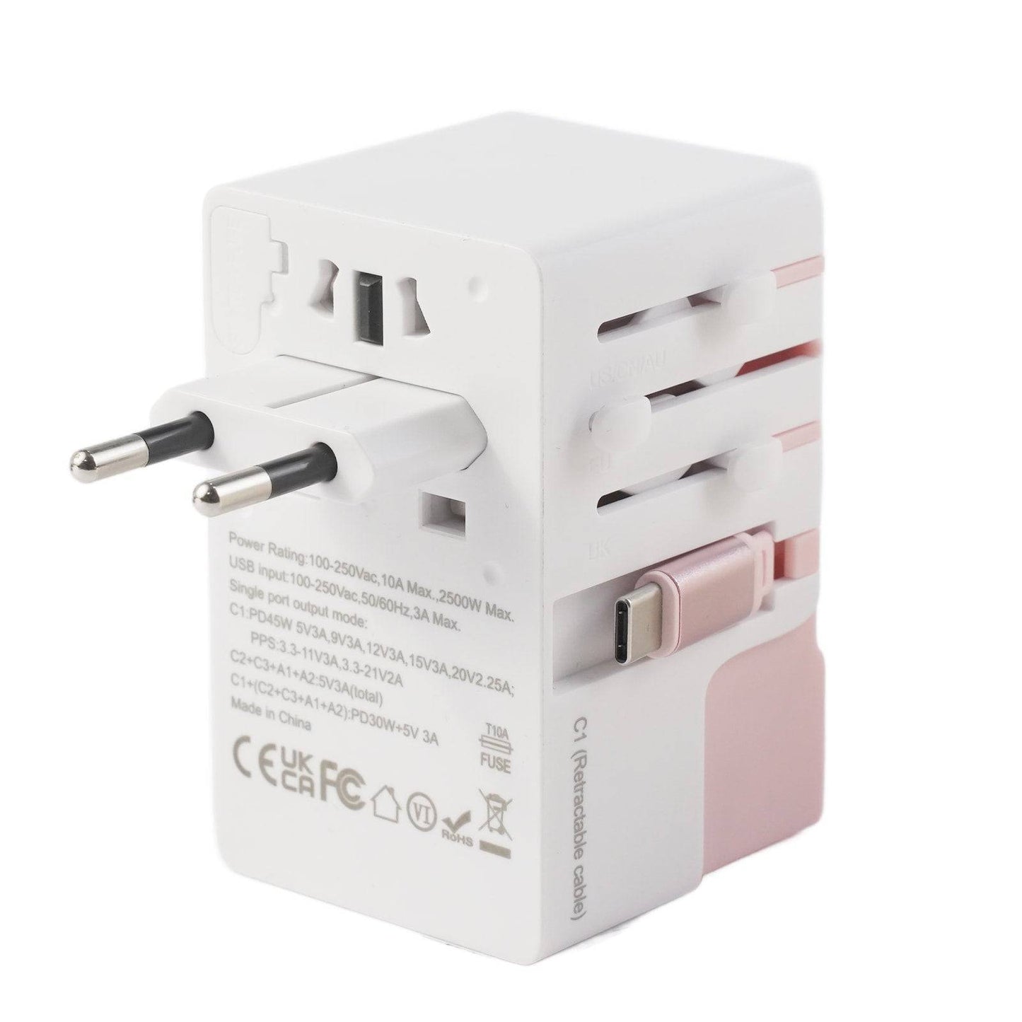 DOACE FC-T45C | 3USB-C+2USB-A 45W GaN PD | QC3.0 Travel Adapter with Retractable Cable