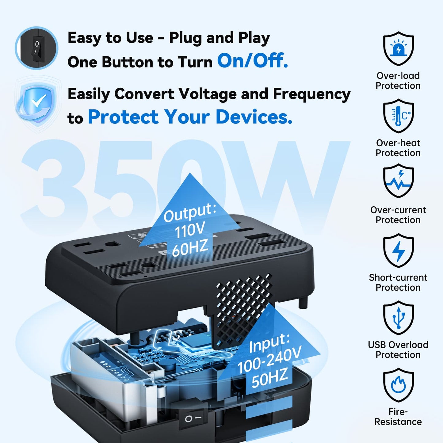 Exploded view of DOACE LC-C30 showing 350W power, voltage conversion from 100-240V to 110V, and multiple safety protections.