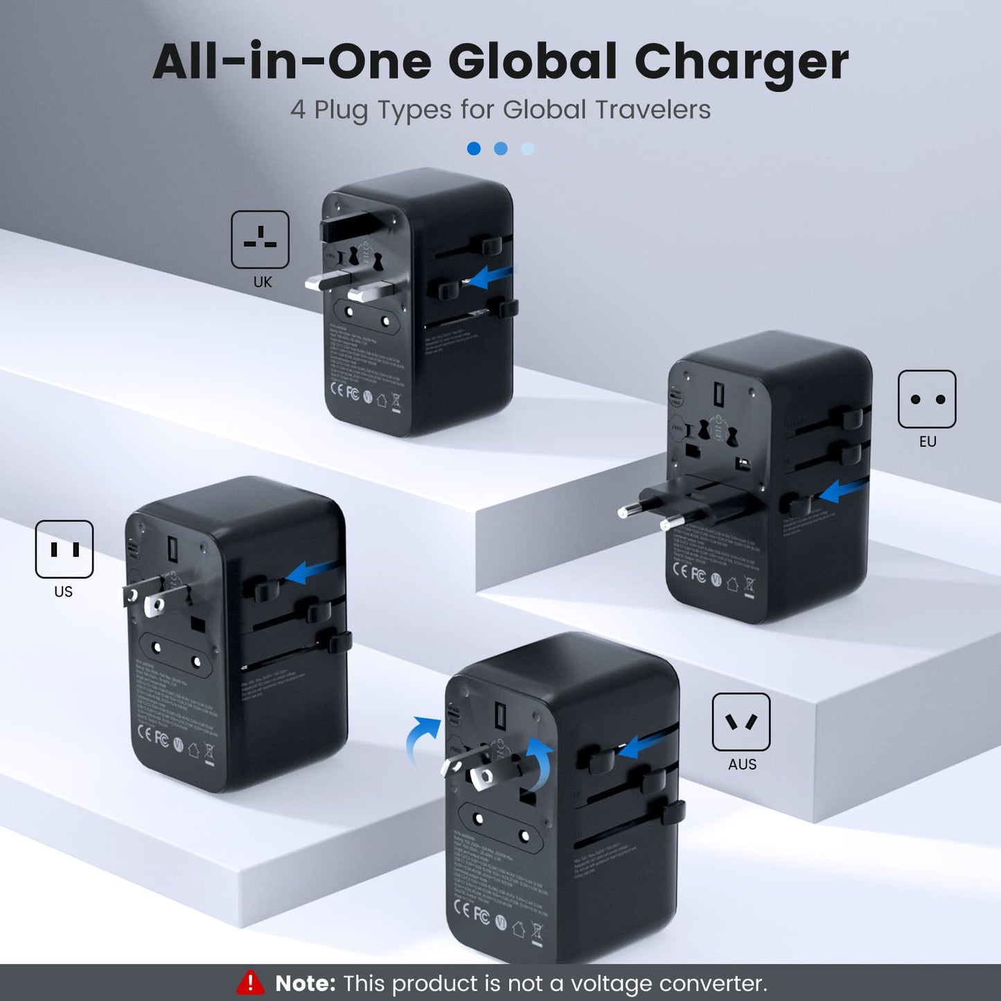 DOACE GaN 100W Travel Adapter with 4 interchangeable global plugs (US, UK, EU, AUS) for worldwide use. All-in-one charger for international travelers.