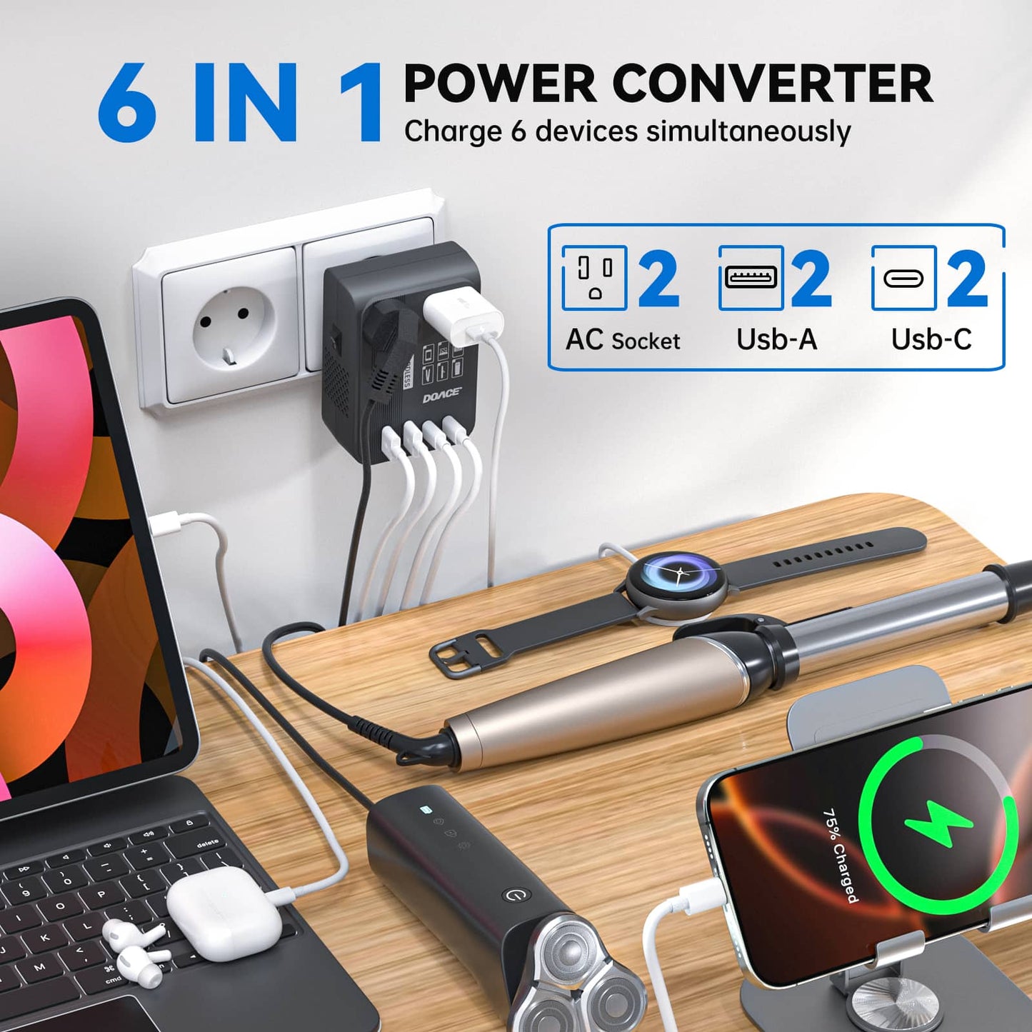 DOACE LC-C30 power converter charging 6 devices at once, including laptops, phones, and grooming tools with 2 AC and 4 USB ports.
