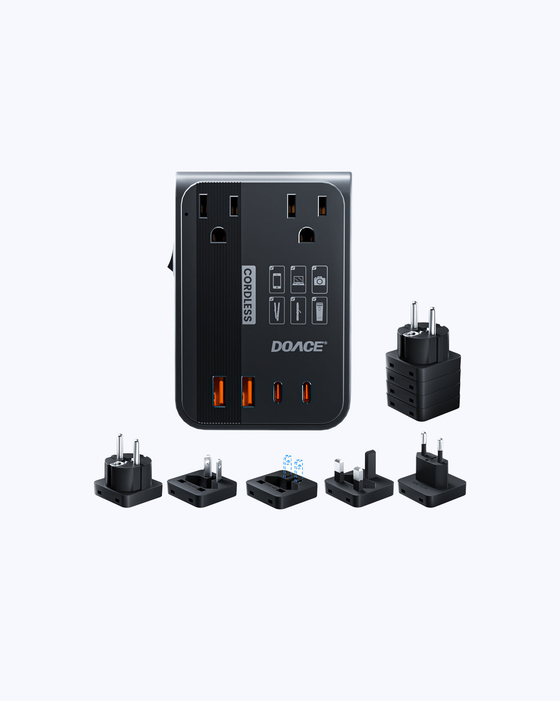 DOACE LC-C30 voltage converter with 6 worldwide plug adapters in black, ideal for international travel with 4 USB ports and dual AC outlets.