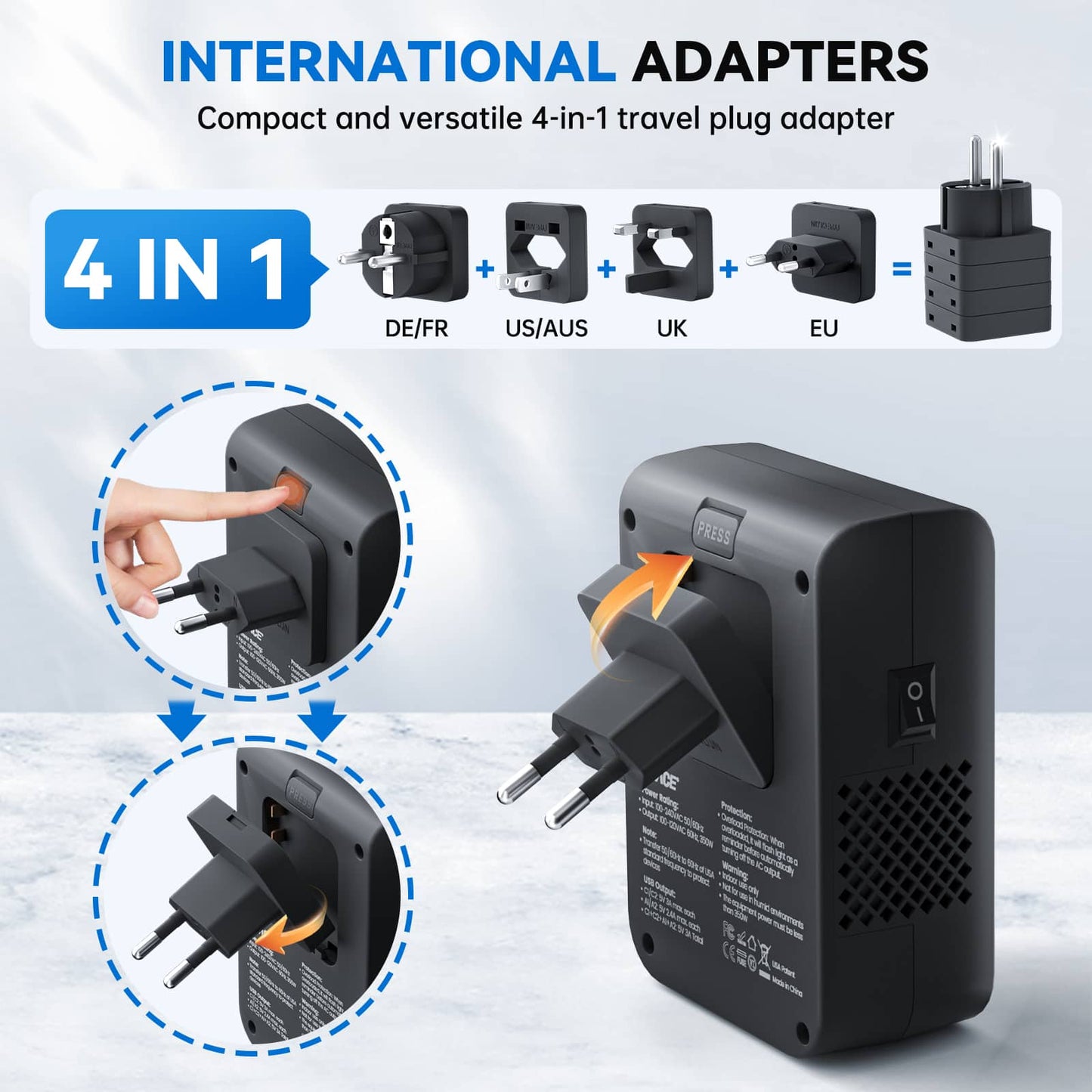 4-in-1 international plug adapter system for DOACE LC-C30, showing easy plug switching for DE/FR, US/AUS, UK, and EU regions.