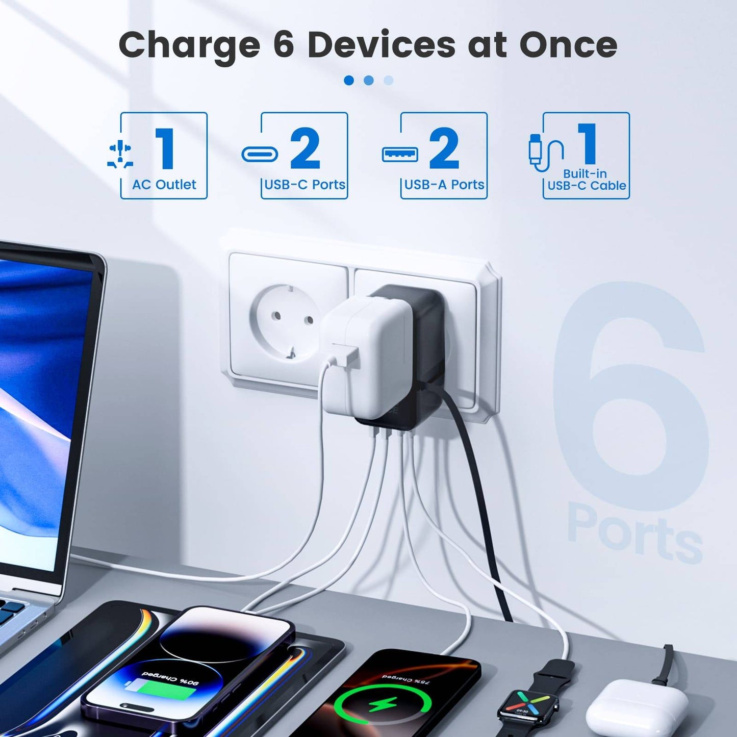 GaN 100W Travel Adapter charging 6 devices simultaneously via AC outlet, USB-C, USB-A, and built-in cable. Efficient power hub for global use.