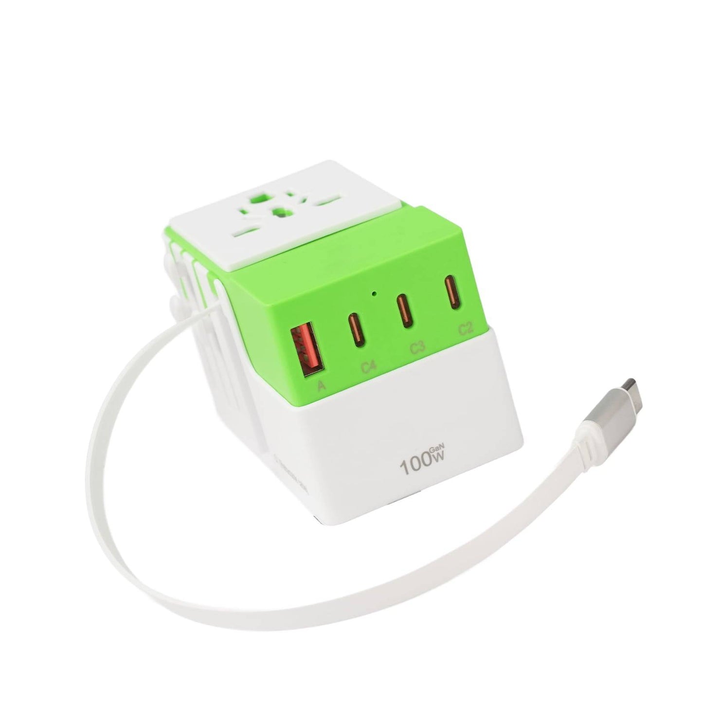 Green DOACE FC-T100C1 GaN travel adapter with retractable USB-C cable and 100W PD output for efficient global charging.