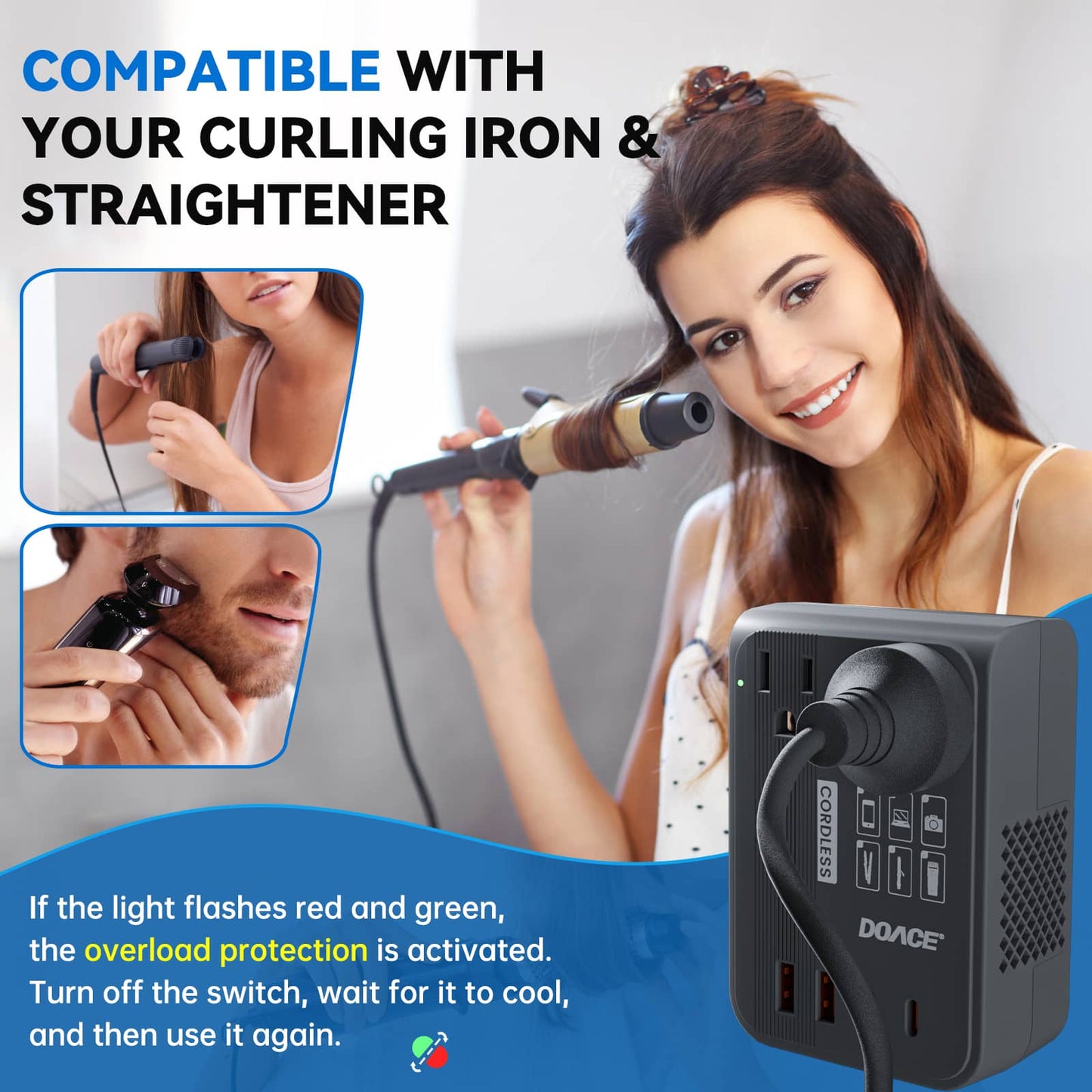 DOACE LC-C30 converter powering a curling iron, highlighting compatibility with hair styling tools and built-in overload protection.
