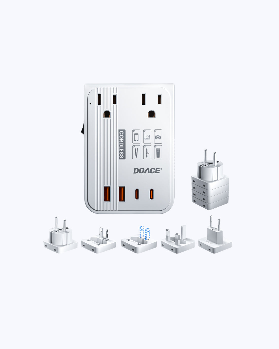 White DOACE LC-C30 travel voltage converter with 6 global plug adapters, 350W power, and USB ports for charging multiple devices abroad.