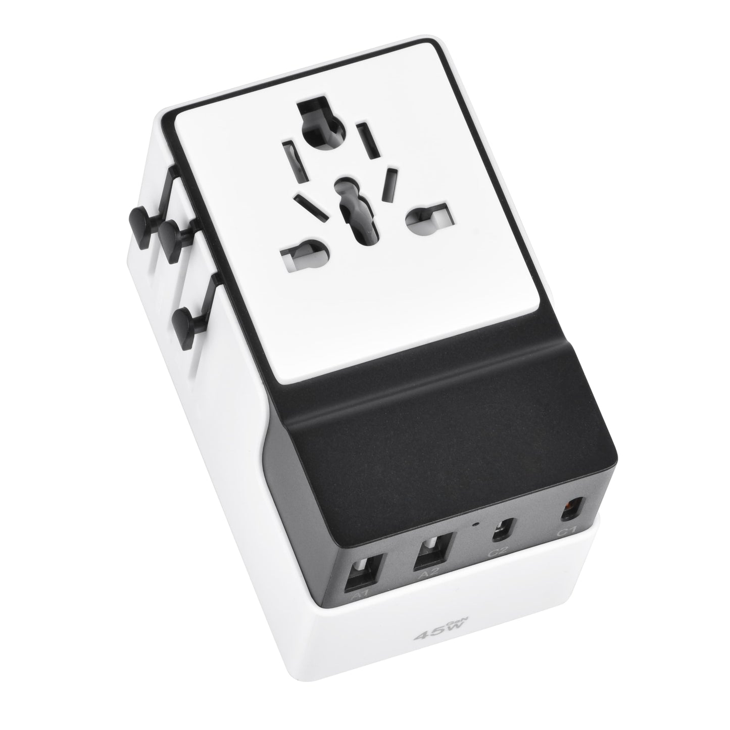 DOACE FC-T45 45W GaN PD travel adapter angled to show USB ports and universal socket, ideal for international electronics charging.