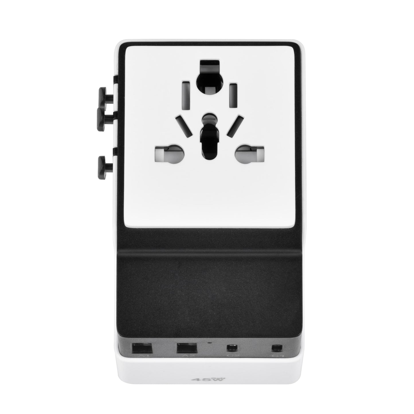 Top view of DOACE FC-T45 universal travel adapter with multi-socket AC input and compact design for global charging convenience.
