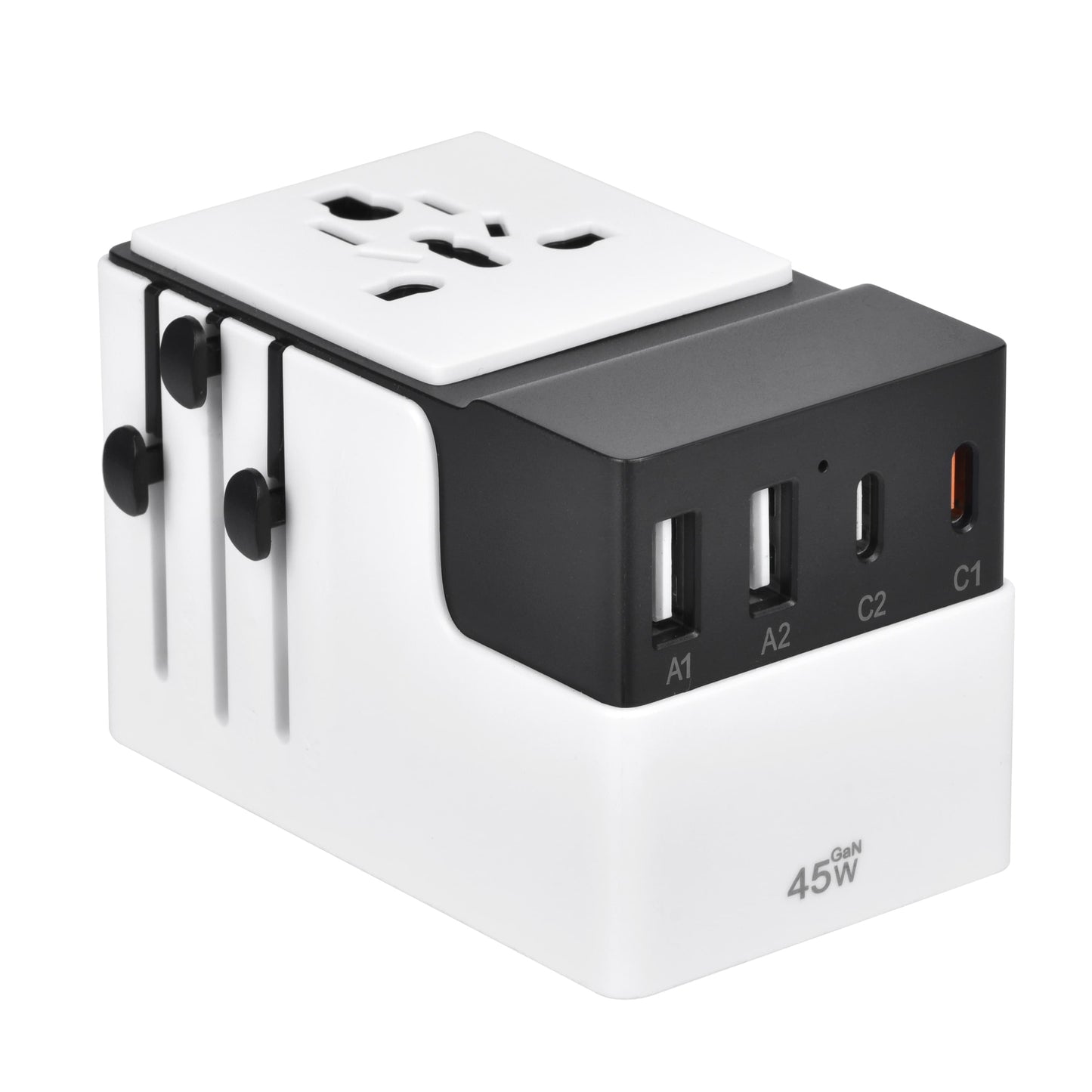 Angled view of DOACE FC-T45 GaN PD travel adapter highlighting USB ports and retractable plug system for worldwide compatibility.