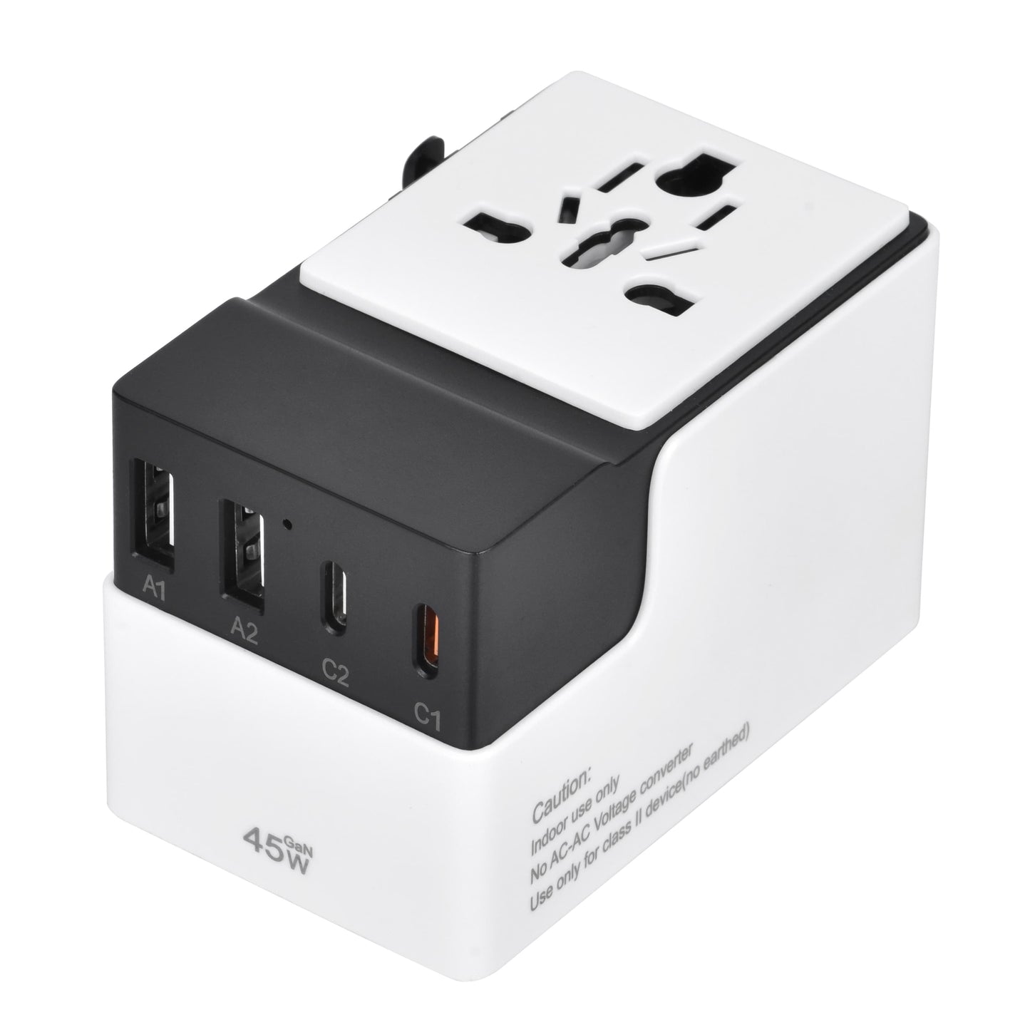 Close-up of DOACE FC-T45 universal travel adapter with 2 USB-C and 2 USB-A ports, 45W GaN PD fast charging capability and AC socket.