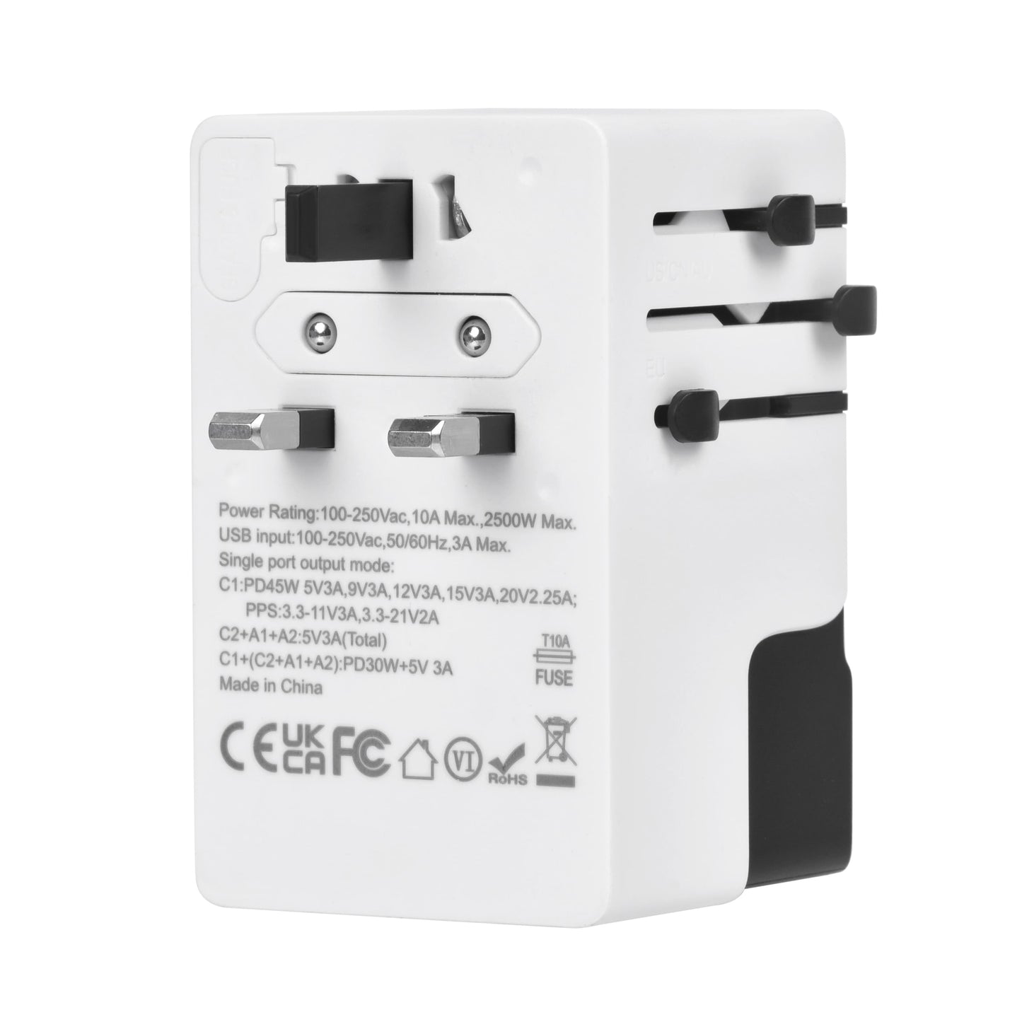 Side view of DOACE FC-T45 adapter showing retractable plug system and printed power specifications for international travel use.