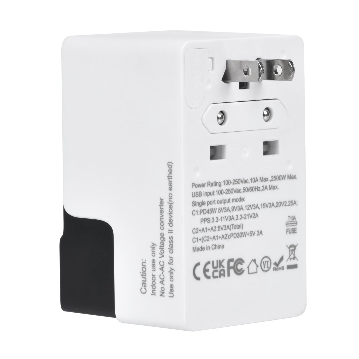 Rear side of DOACE FC-T45 45W GaN PD adapter with visible plug prongs, voltage ratings, and compliance markings for safe global use.