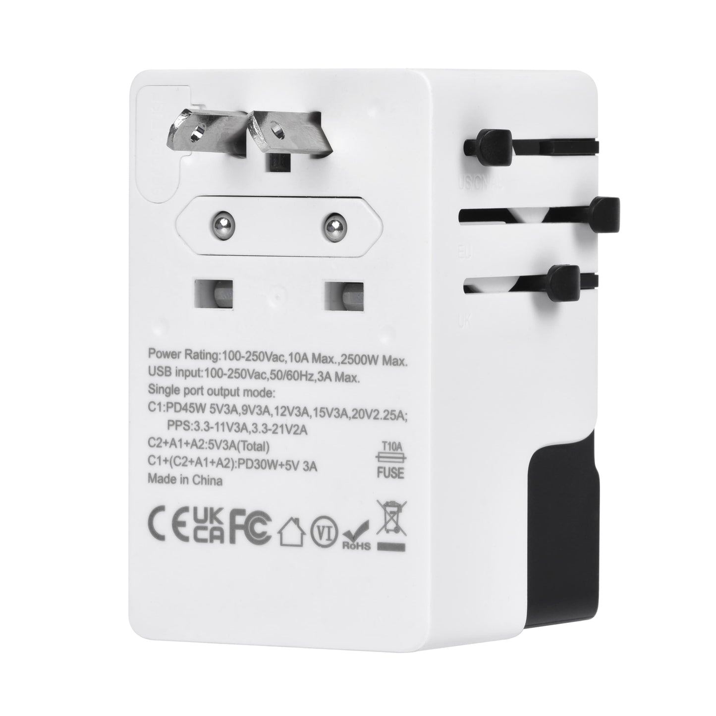 Back view of DOACE FC-T45 travel adapter showing technical specifications, safety certifications, and retractable plug system.