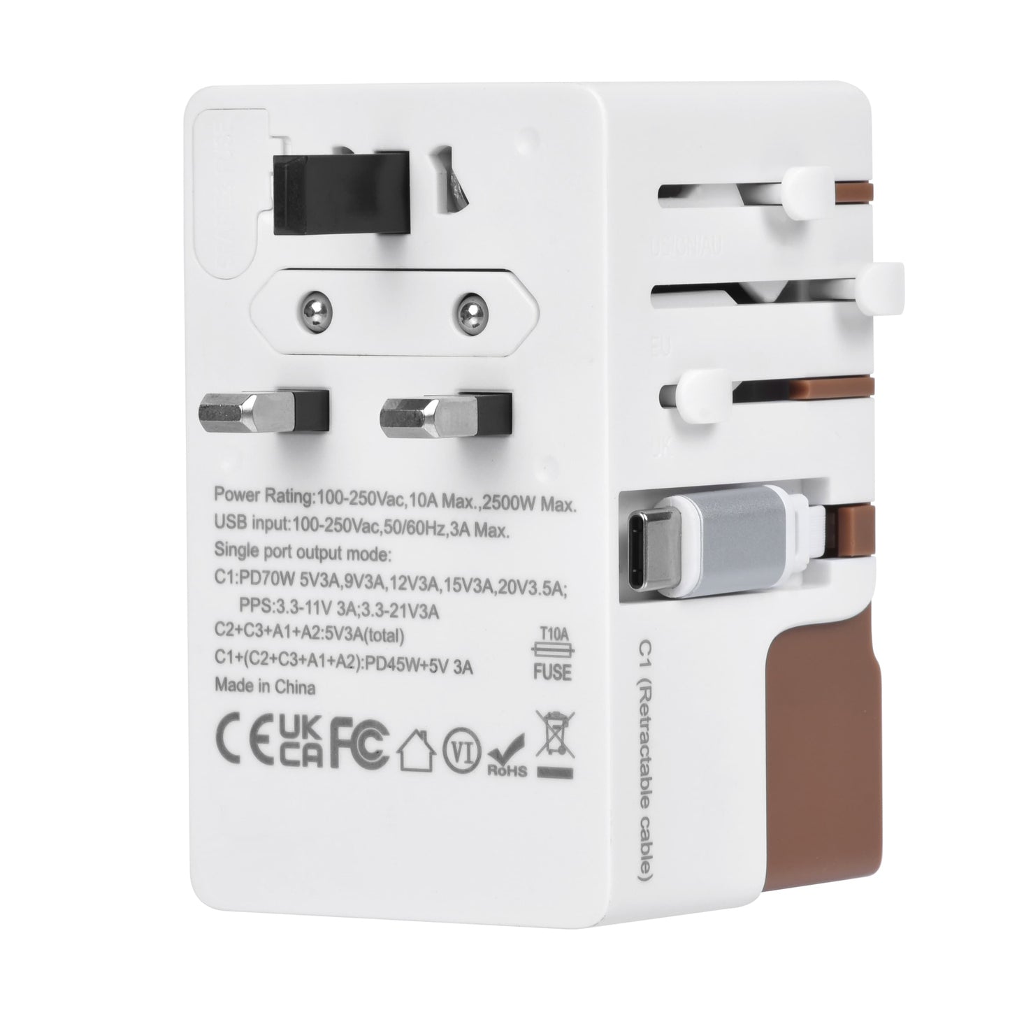 Side view of DOACE FC-T70C-2 Adapter in brown with retractable plug system and USB-C cable. Multi-port travel charger with 70W GaN PD output.