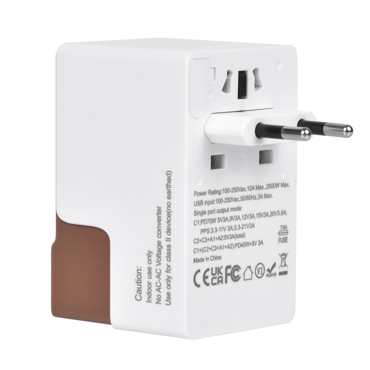 Back view of DOACE FC-T70C-2 Adapter in brown showing EU plug and power ratings. Built for 100-250V input and 70W GaN PD fast charging.