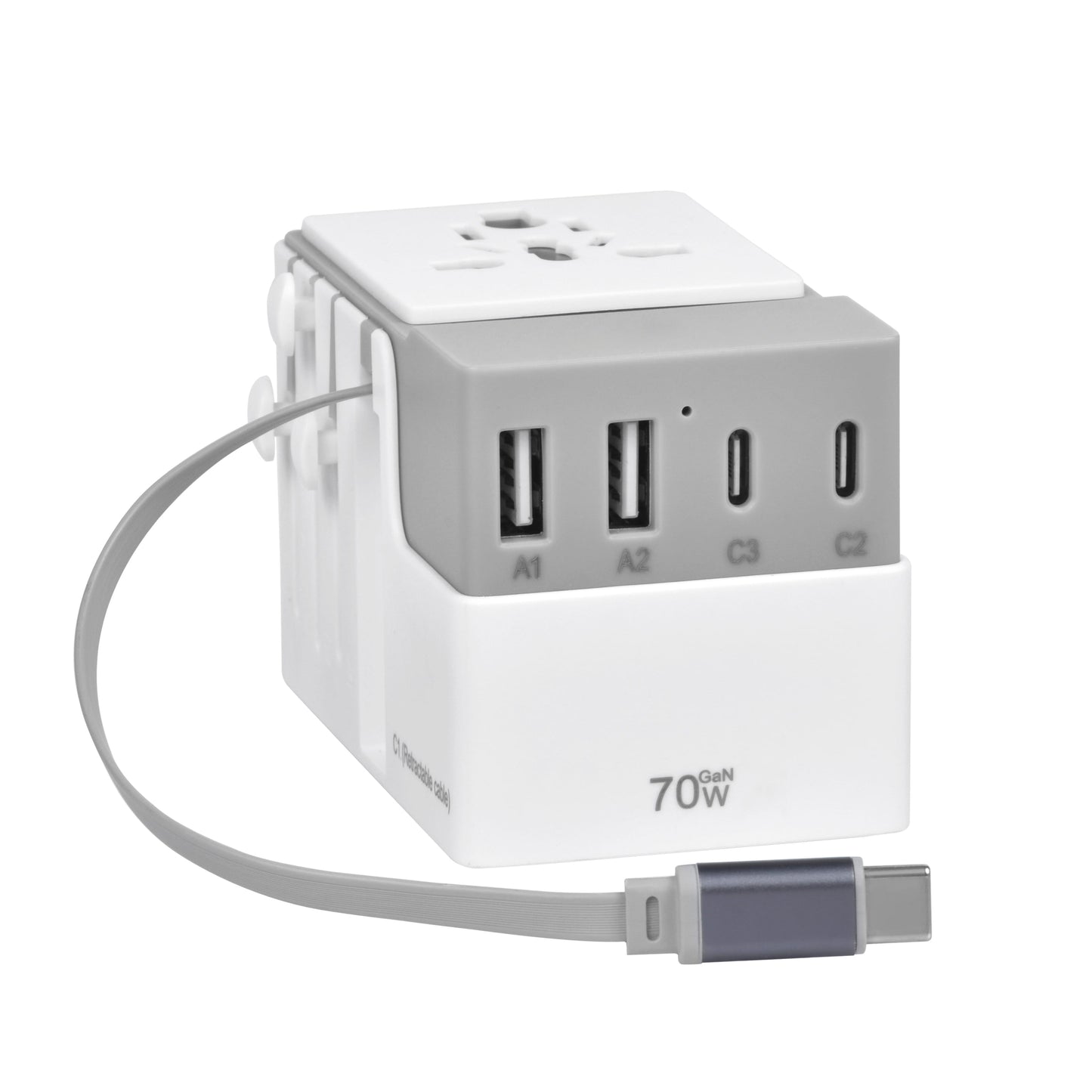 DOACE FC-T70C-2 Adapter in gray with extended USB-C cable and 70W GaN PD output. Ideal for fast charging multiple devices while traveling.