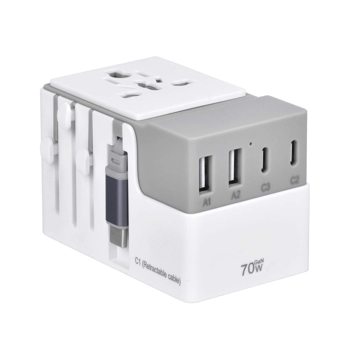 DOACE FC-T70C-2 Adapter in gray featuring 3 USB-C and 2 USB-A ports with 70W GaN PD. Compact and efficient travel charging solution.