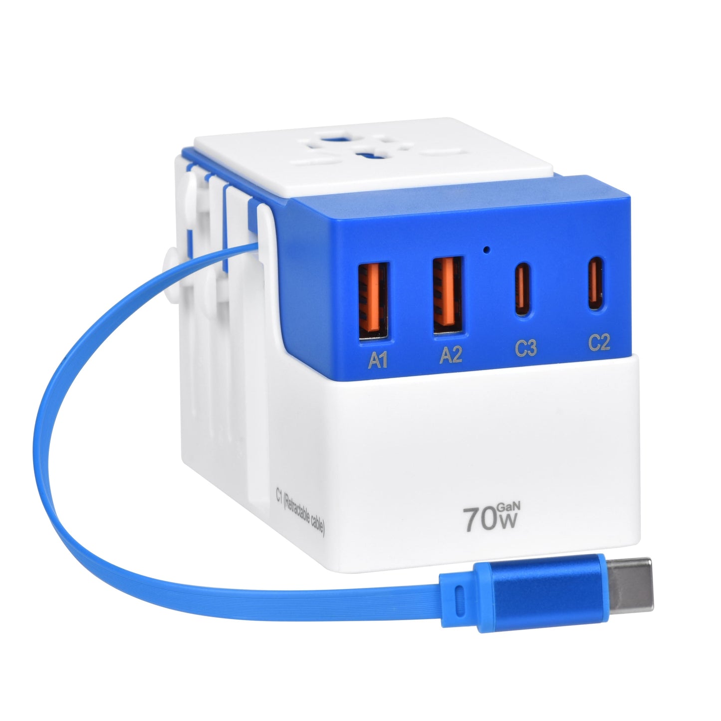 DOACE FC-T70C-1 | 3USB-C+2USB-A 70W GaN PD | QC3.0 Travel Adapter with Retractable USB-C Cable