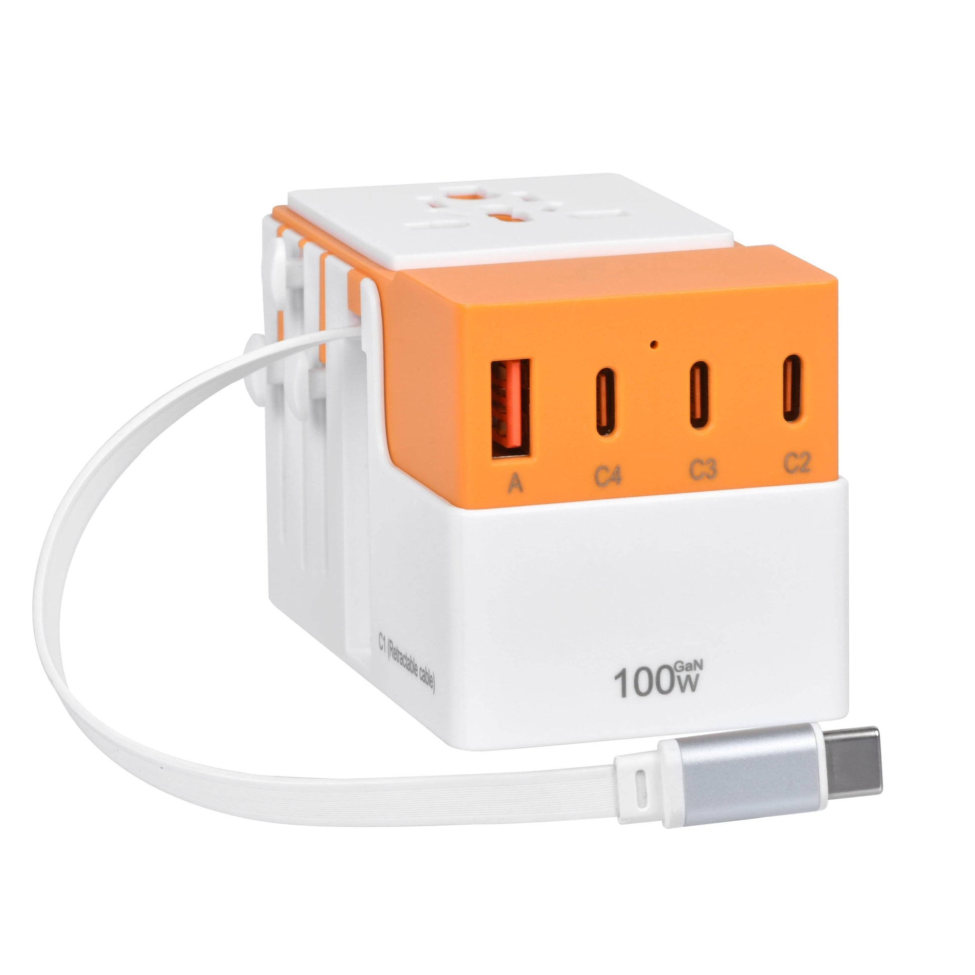 Orange DOACE FC-T100C1 GaN travel adapter with 100W PD output, USB-C/USB-A ports, and retractable USB-C cable for travel.