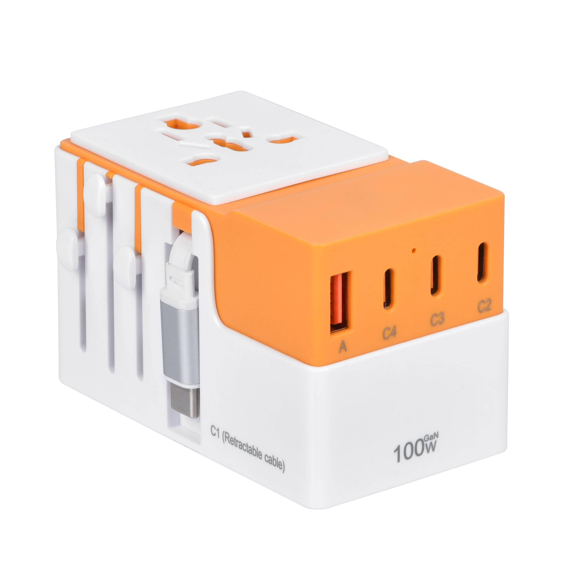 Front view of orange DOACE FC-T100C1 GaN travel adapter with 100W PD, 4 USB-C, 1 USB-A ports, and retractable cable design.