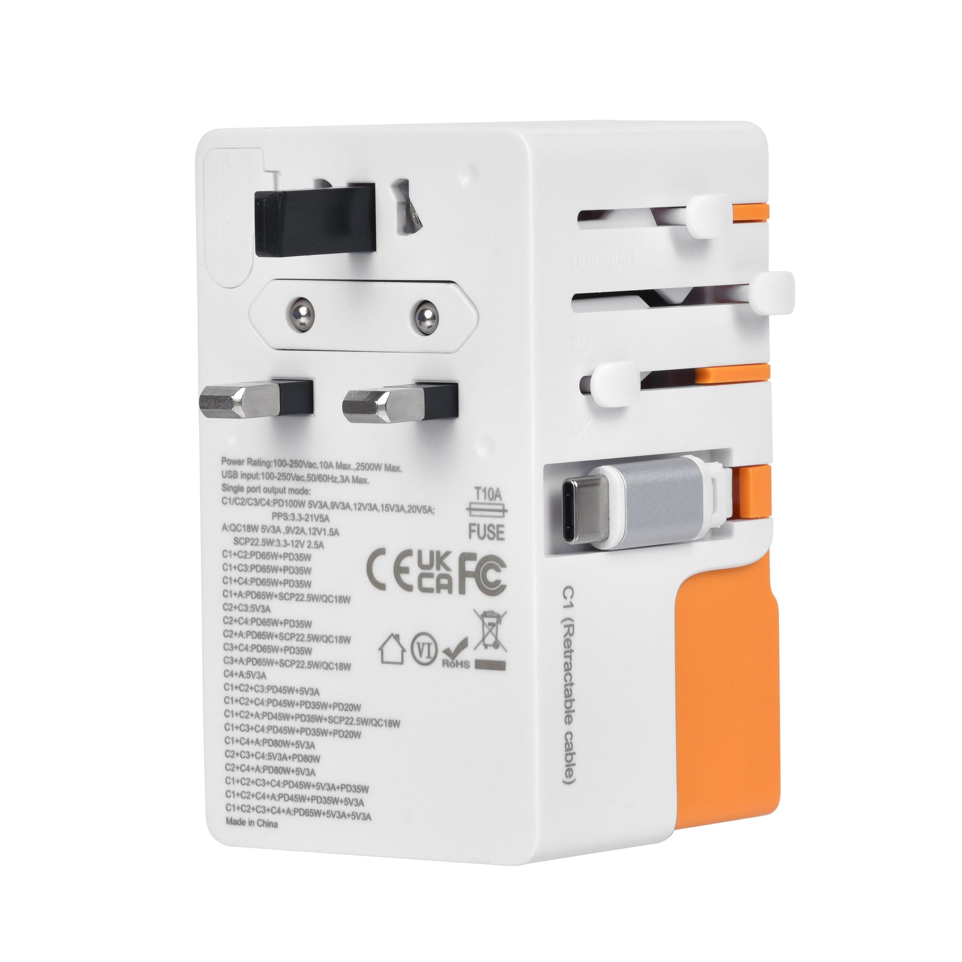 Rear view of orange DOACE FC-T100C1 GaN travel adapter showing multiple plug types and safety fuse for international travel.