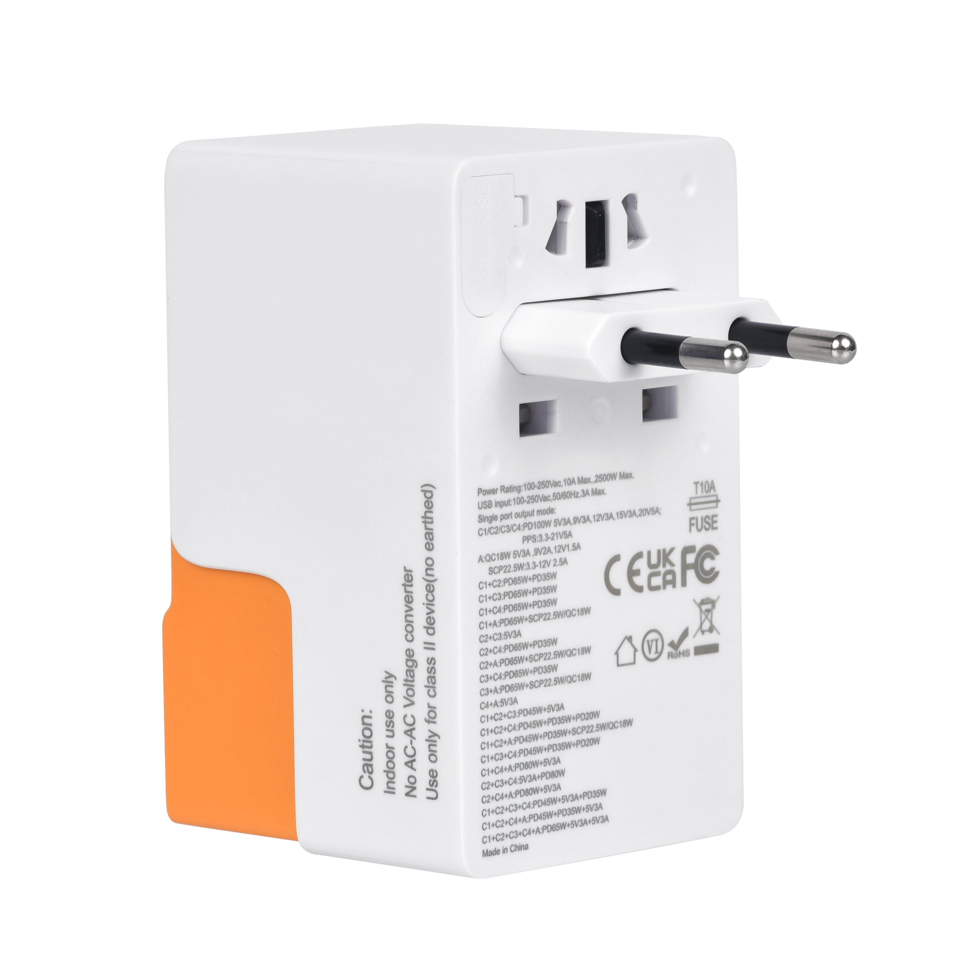 European plug view of orange DOACE FC-T100C1 GaN travel adapter with printed power specs and 100W PD support.